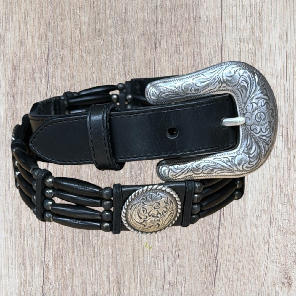 NWT Tony Lama NATIVE SON Western Black Leather Bead Concho Belt 7151L Size 28